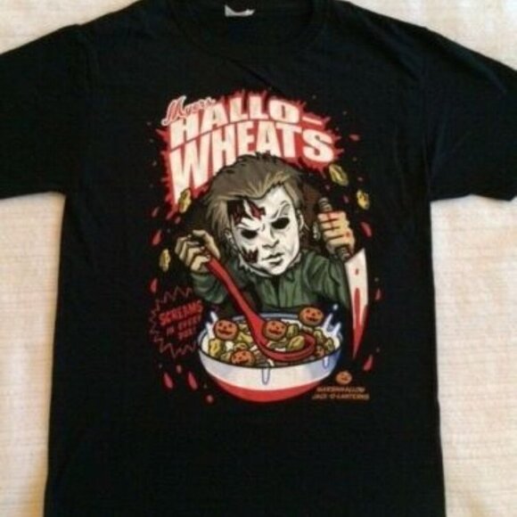 Olin D Tops - Halloween Hallo-Wheats Cereal Parody Graphic Tee Funny Michael Myers Fan Shirt